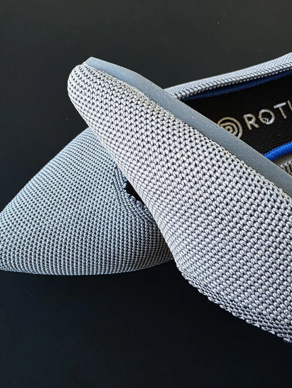 Rothy's Pointed Knit Flats in Light Gray with Blue Trim 8.5
